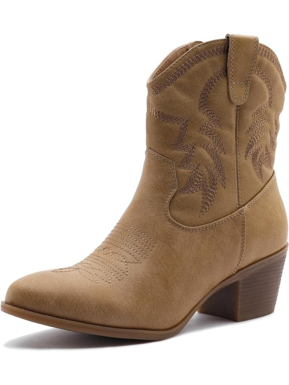 Women's Khaki Pointed Toe Cowgirl Faux Leather Side Zipper Ankle Booties